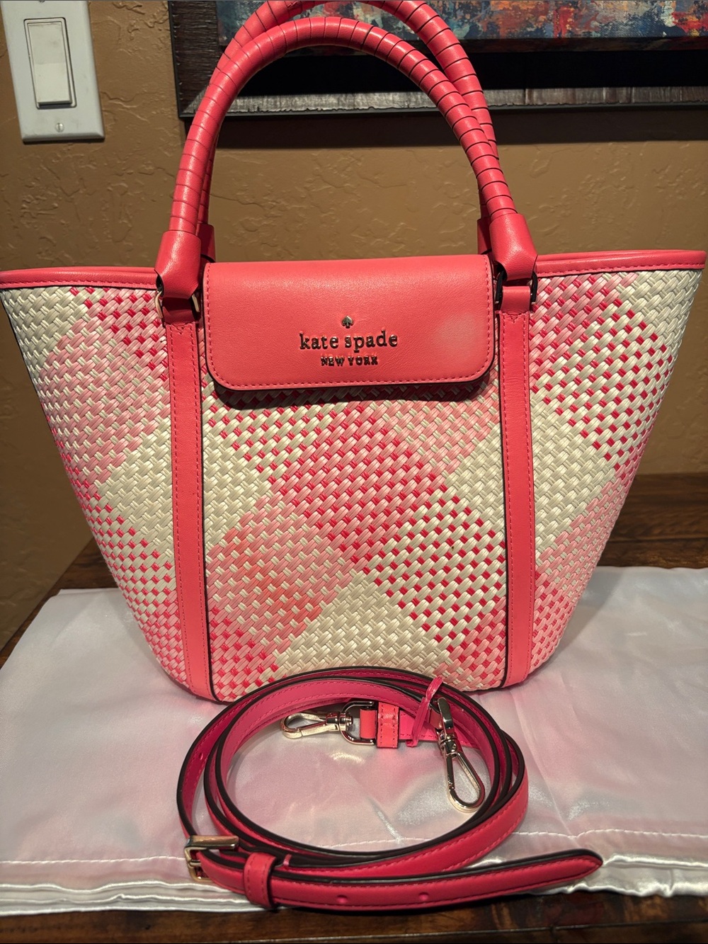 kate spade Cruise Gingham Pink and Cream Woven Tote /Crossbody EUC